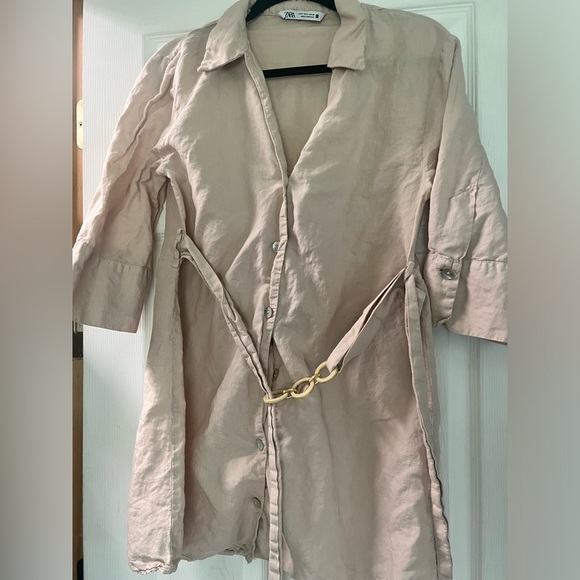 Zara linen mini dress belted shirt tan/khaki button up summer boho - Picture 3 of 5